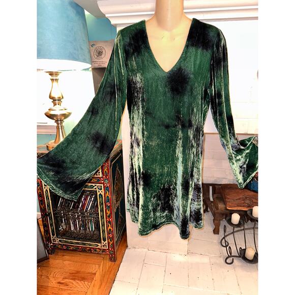 BLU MOON PLANET BLUE VELVET TIE DYE BELLSLEEVE STEVIE NICKS DRESS - Picture 2 of 9
